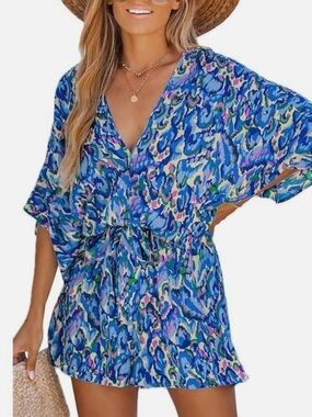 Cupshe Blue Multicolor V-Neck Short Romper